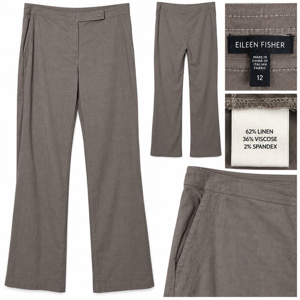 Eileen Fisher Women’s 12 Taupe Tan Gray Linen Blend Wide Leg Pants Trousers